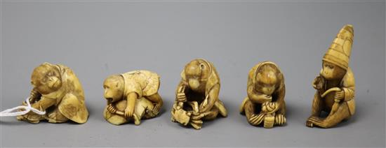 Five Japanese ivory netsuke of monkeys, Meiji period